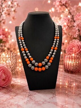 Orange and Silver Beaded Statement Necklace NWOT